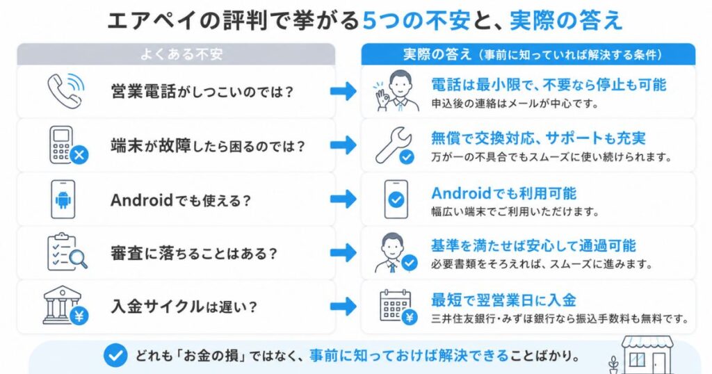エアペイの評判で挙がる5つの不安と実際の答えを対比した図