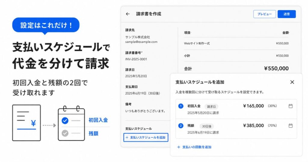 Square請求書で支払いスケジュールを設定して代金を分けて請求する画面