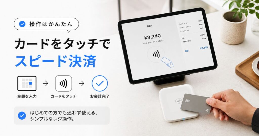 Squareのカード決済でお客さまがリーダーにクレジットカードをタッチしている場面