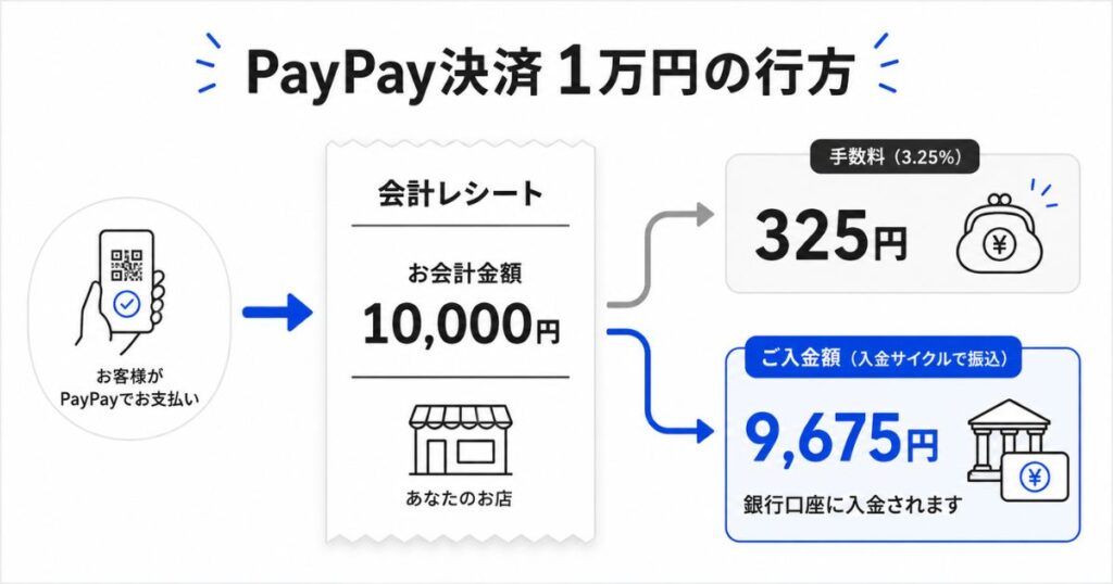 PayPay決済1万円にかかる手数料325円と入金額9,675円の内訳図