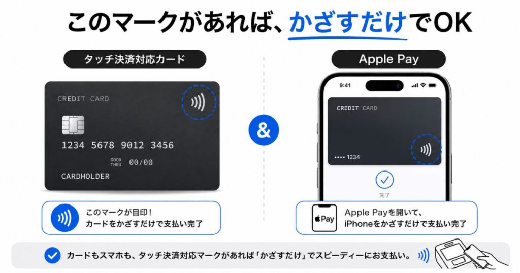 タッチ決済対応マークが入ったクレジットカードとApple Payのスマホ決済画面の比較