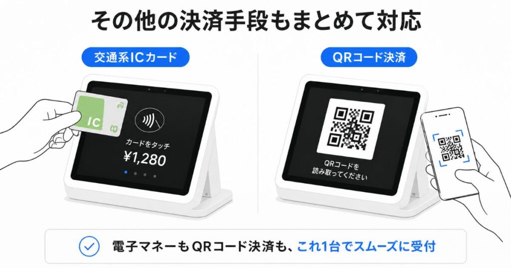 Squareの決済端末で電子マネーとQRコード決済を受け付けている様子