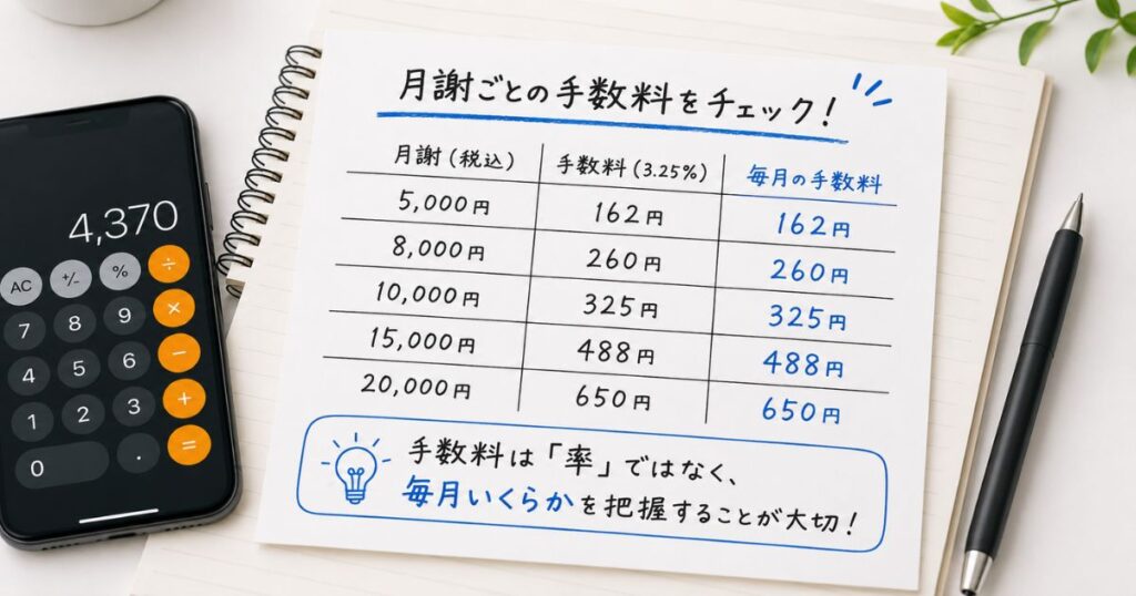 月謝ごとのSquareのサブスク決済手数料を計算した手書きのメモ