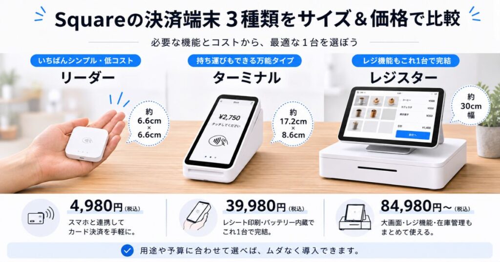 Squareの決済端末3種類の大きさと価格を比べた比較図