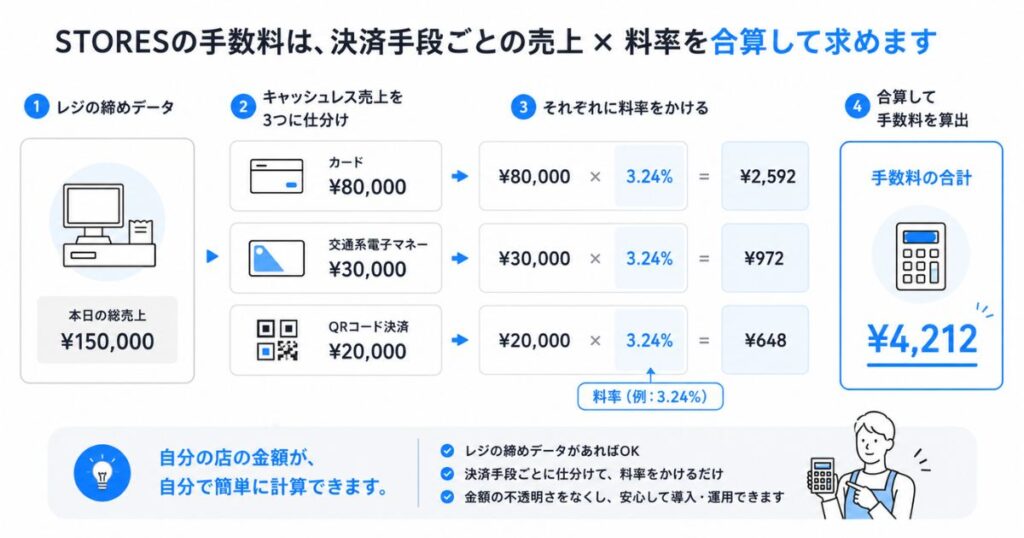 STORES 手数料の計算を決済手段ごとの売上と料率から求める手順の図