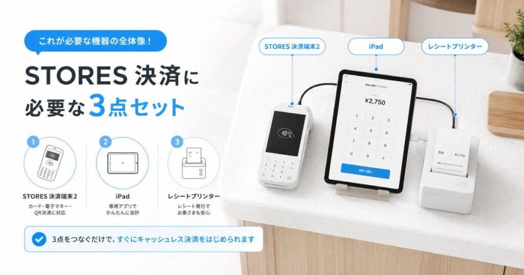 STORES 決済端末2とiPadとレシートプリンターを並べた店舗のレジまわり