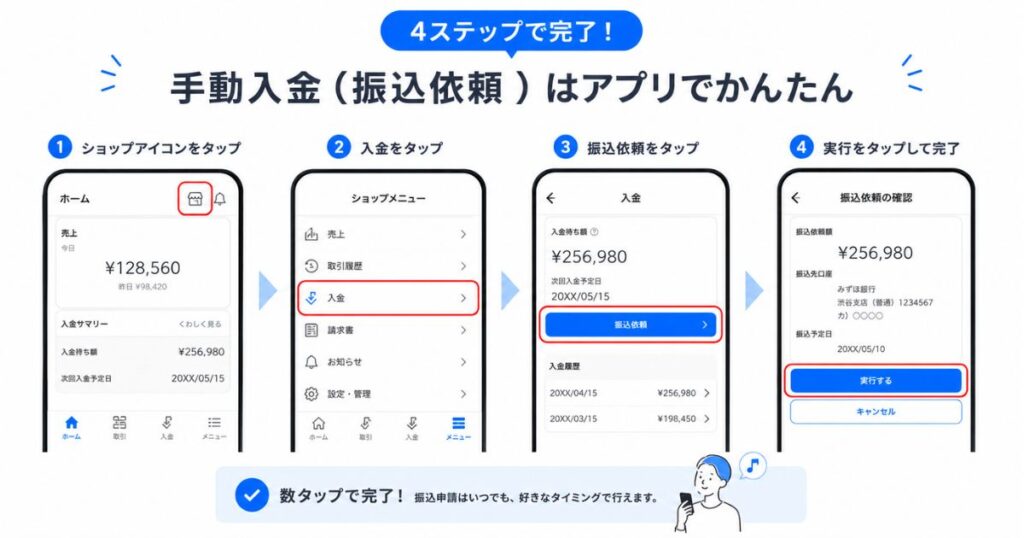 STORES 決済のアプリで手動入金の振込依頼をする4つの操作手順