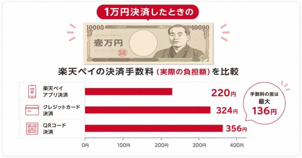 1万円決済したときの楽天ペイの決済手数料を決済手段別に比べたグラフ