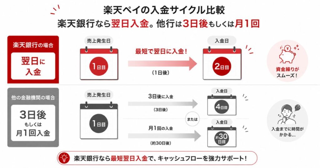 楽天ペイの入金サイクルを楽天銀行と他の金融機関で比べた図解
