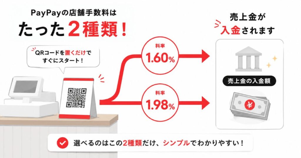 PayPayの店舗手数料が1.60%と1.98%の2種類であることを示した図解