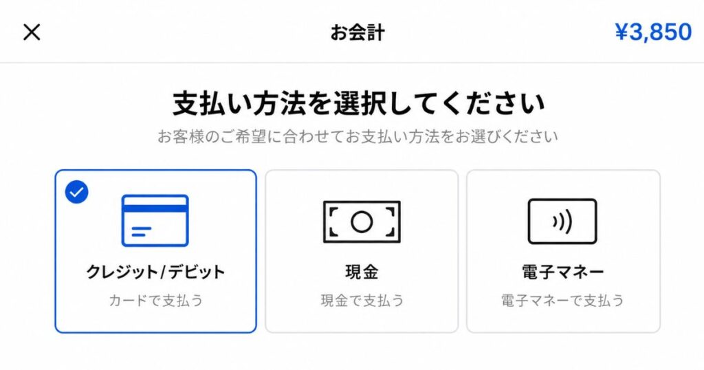 SquareのPOSレジアプリでクレジットカード決済の支払い方法を選ぶ画面
