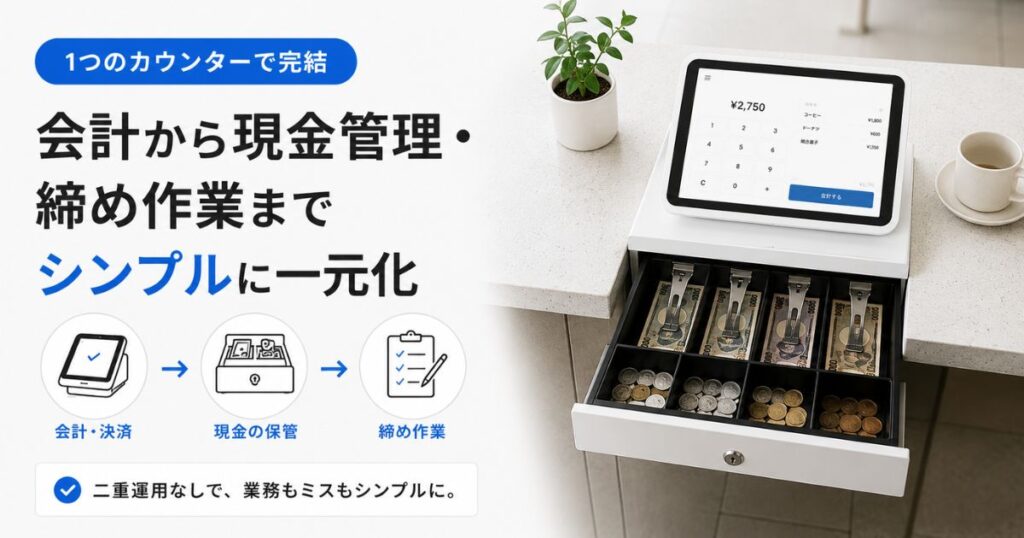 Squareの決済端末とキャッシュドロワーを並べて現金管理をしている店舗のレジまわり