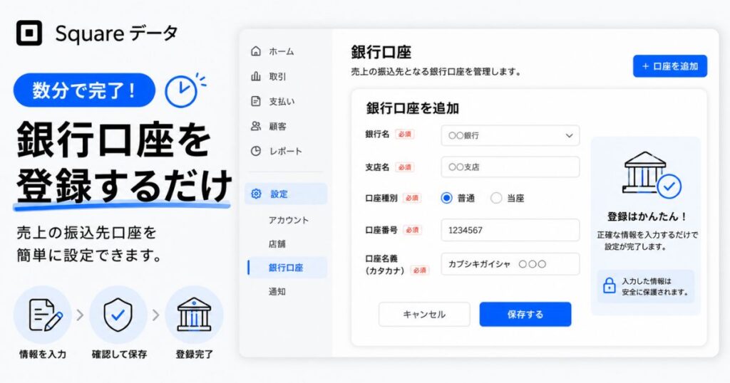 Square データで銀行振込先の口座を登録する設定画面