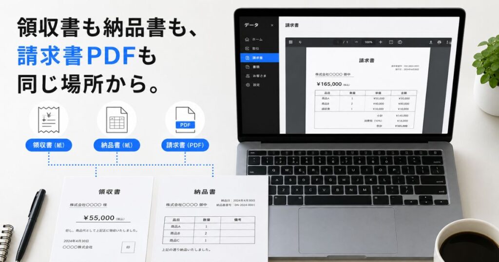 Squareの領収書と納品書とPDFの請求書を並べて管理している様子