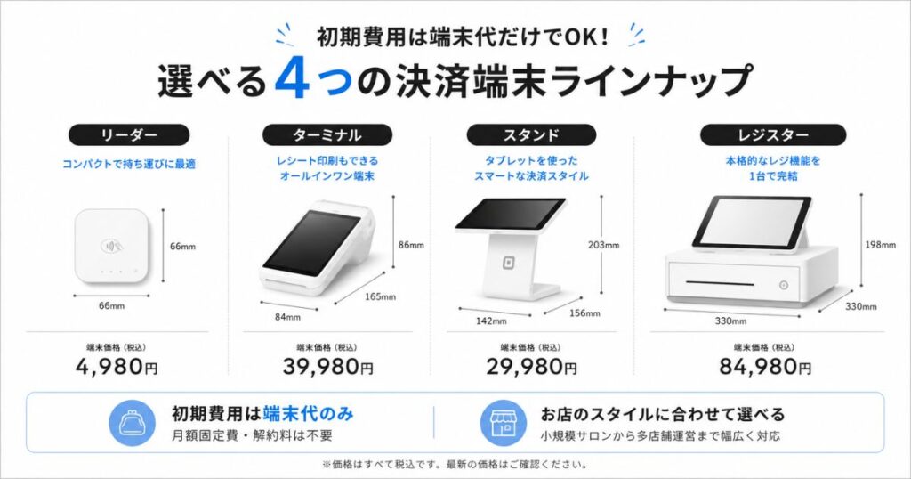 美容室向けに価格と大きさを比べたSquareの決済端末4種類