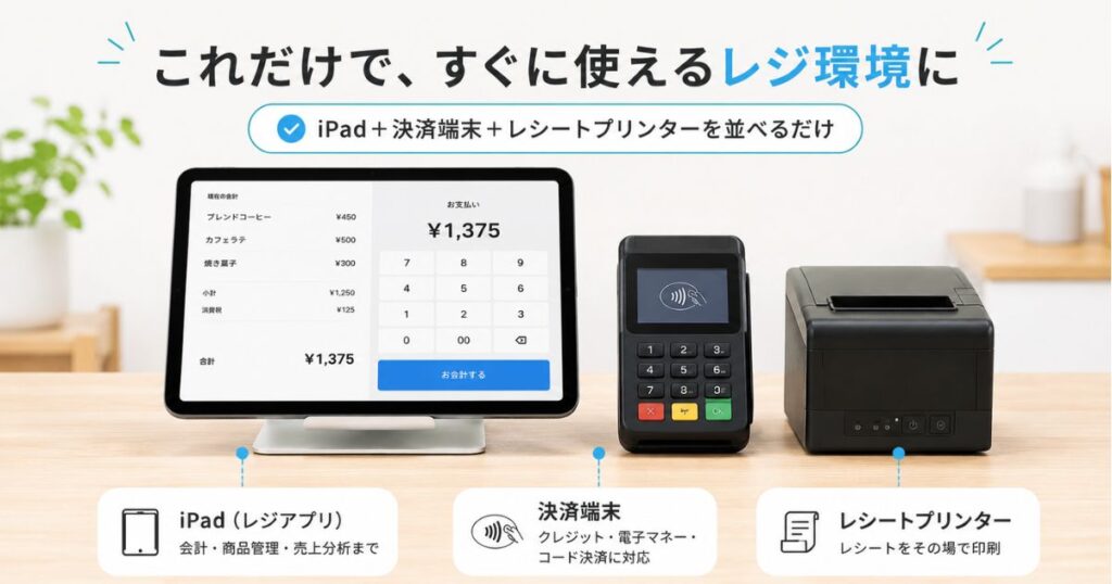 iPadと決済端末とプリンターを並べたSTORES レジの設置イメージ