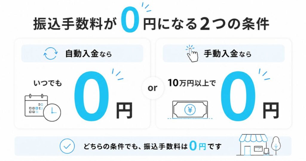 STORES 決済の振込手数料が0円になる自動入金と手動入金10万円以上の条件