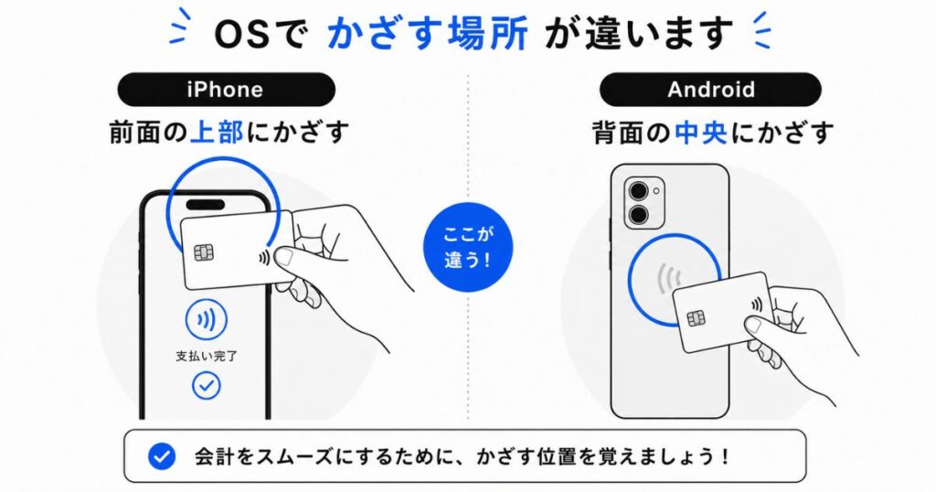 iPhoneのタッチ決済とTap to Pay on Androidでカードをかざす位置の違いを並べた比較