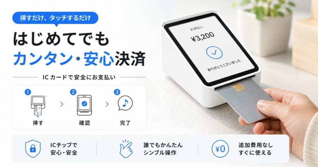 Squareの決済端末にICチップ付きクレジットカードを挿入して安全に決済を受け付けている様子