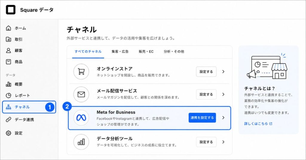 Squareとインスタの連携をSquare データのチャネルから設定する画面のイメージ