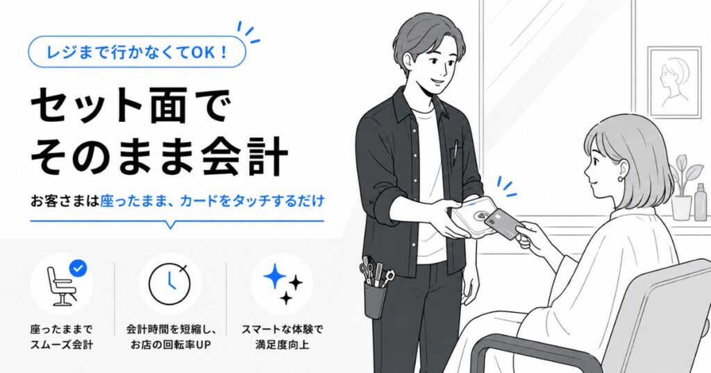 美容室のセット面でSquare リーダーを使いお客さまが座ったまま会計している様子