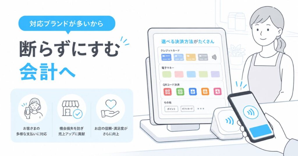 エアペイの決済方法一覧が表示されたレジ画面とキャッシュレス会計の様子