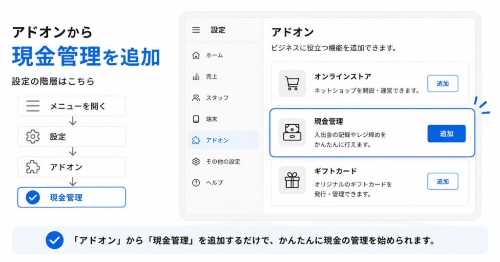 Square POSレジアプリのアドオン設定から現金管理を追加する画面