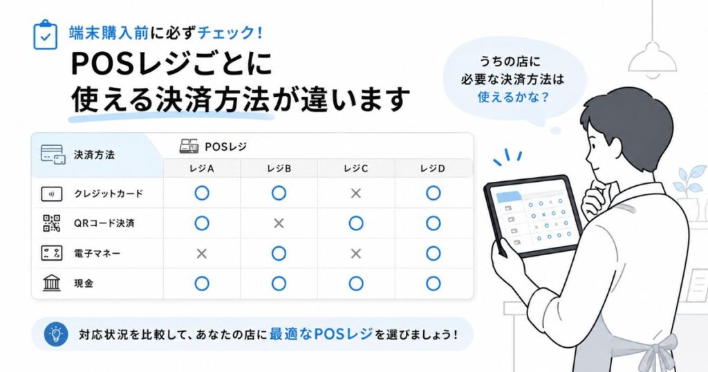 STORESの決済方法とPOSレジの対応可否を一覧で見比べている場面