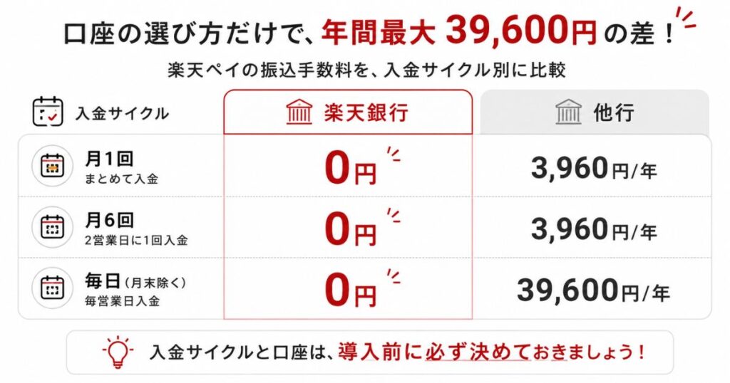 楽天ペイの振込手数料を楽天銀行と他行で入金サイクル別に比べた図