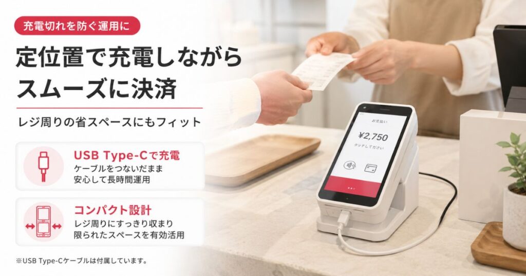 楽天ペイ ターミナルをレジカウンターで充電しながら使う様子