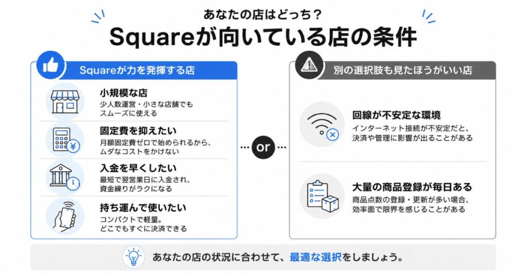 Squareが向いている店の条件と別の選択肢も検討したい条件を振り分けた図