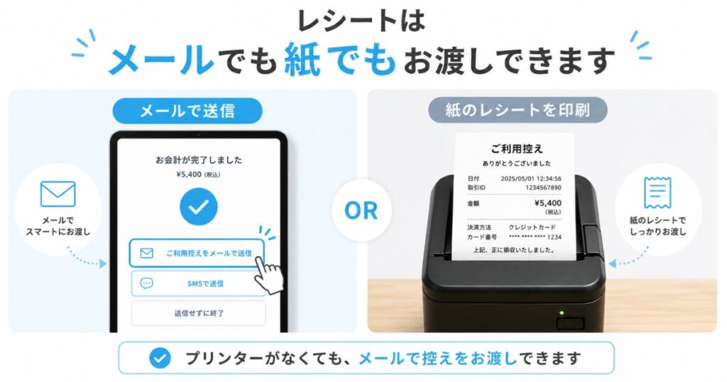 エアペイのレシートをメール送信する画面とレシートプリンターの出力を比較した写真