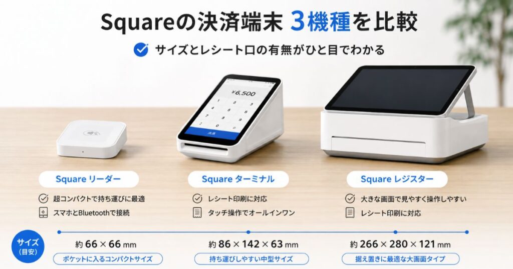 Squareの決済端末3種類を並べて大きさを比べた写真